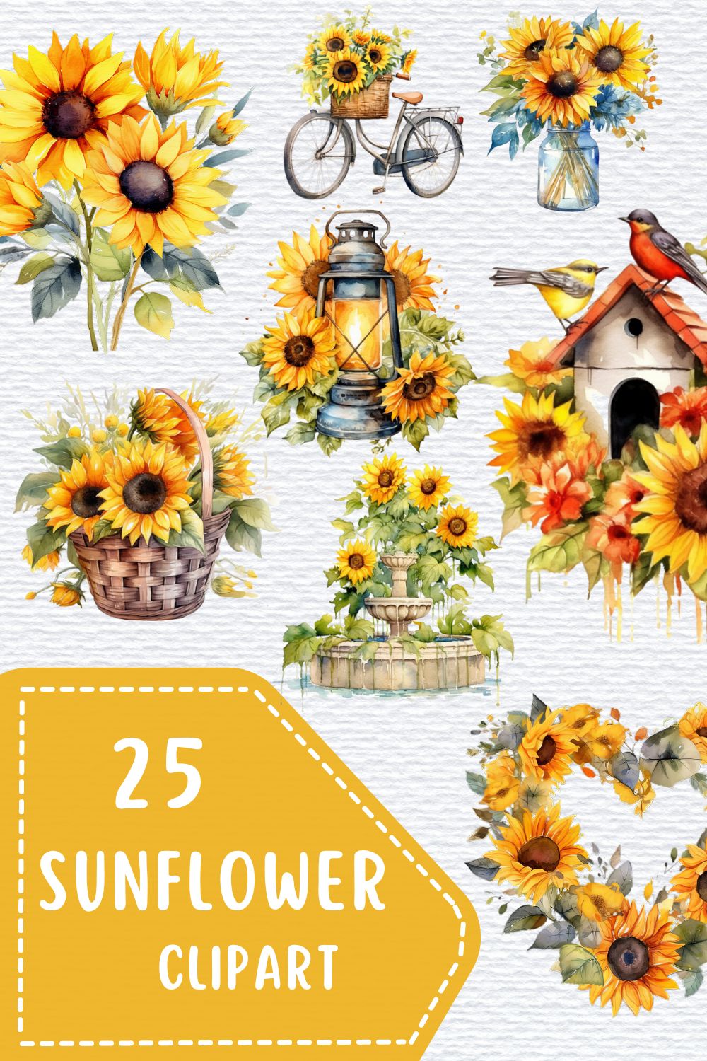 Watercolor Sunflowers PNG, Clipart, Transparent, Summer clipart, wedding clipart, Nursery Art, Hand drawn illustrations, watercolor clipart pinterest preview image.