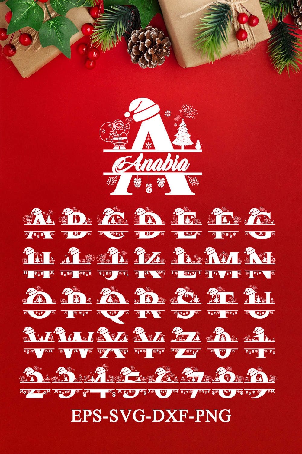 Christmas Monogram, Silhouette with Christmas symbols, Christmas logo, Christmas Design for Print, Screen Print T-Shirt pinterest preview image.
