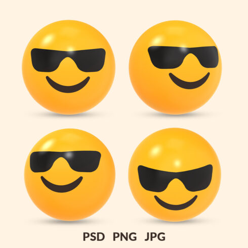 3D rendered social media icon of sunglass or cool emoji reaction with different view cover image.