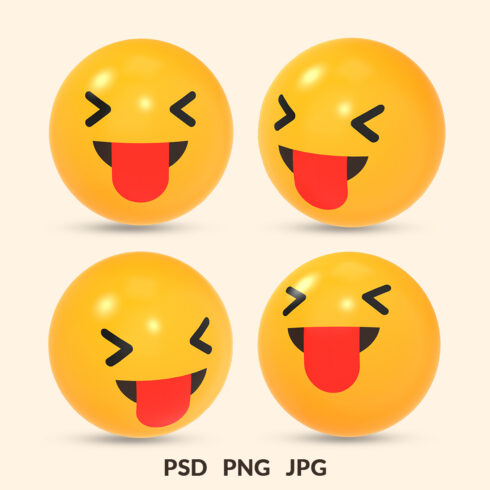 3D rendered social media icon of squinting Face with tongue out emoji reaction with different view cover image.