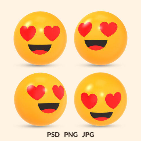3D rendered social media smiling face with heart-eyes emoji reaction icon with different view cover image.