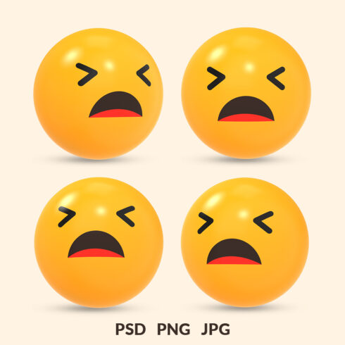 3D rendered social media icon of tired face emoji reaction with different view cover image.