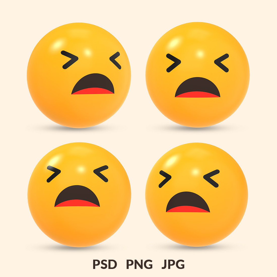 3D rendered social media icon of tired face emoji reaction with different view cover image.