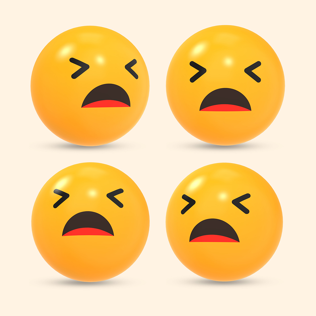 3D rendered social media icon of tired face emoji reaction with different view preview image.