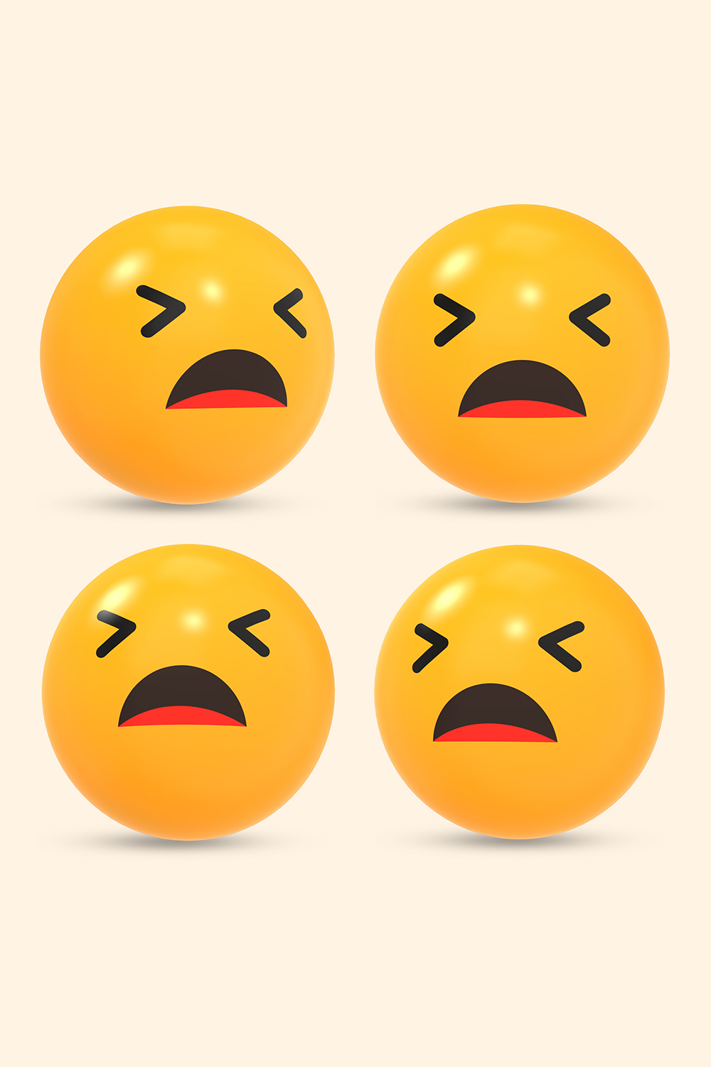 3D rendered social media icon of tired face emoji reaction with different view pinterest preview image.