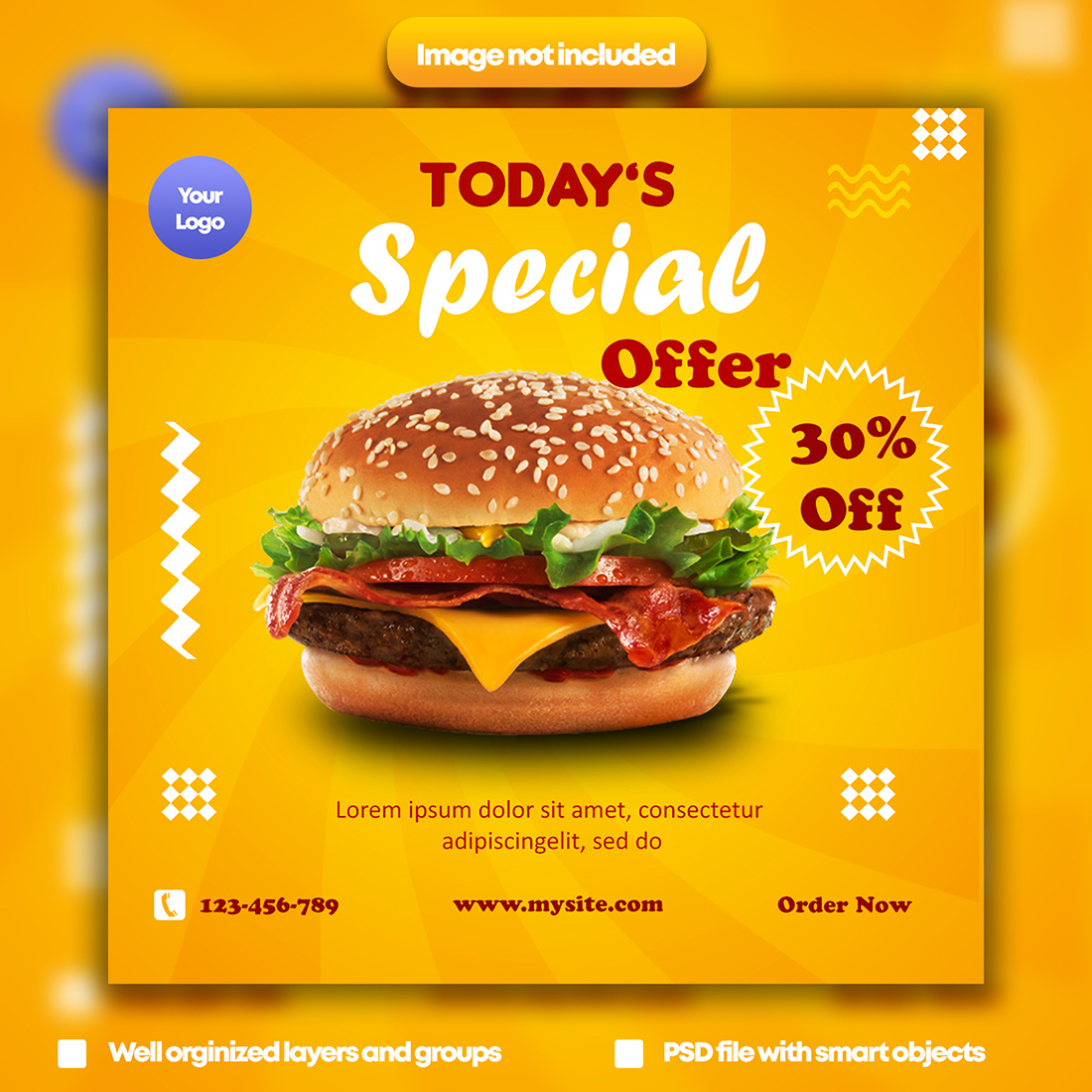 Instagram meal/ burger promotion PSD template cover image.