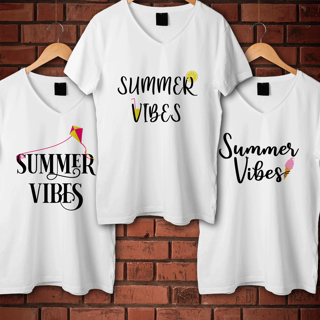 Summer Vibes 4 Typography T-Shirt designs with Summer clipart preview image.