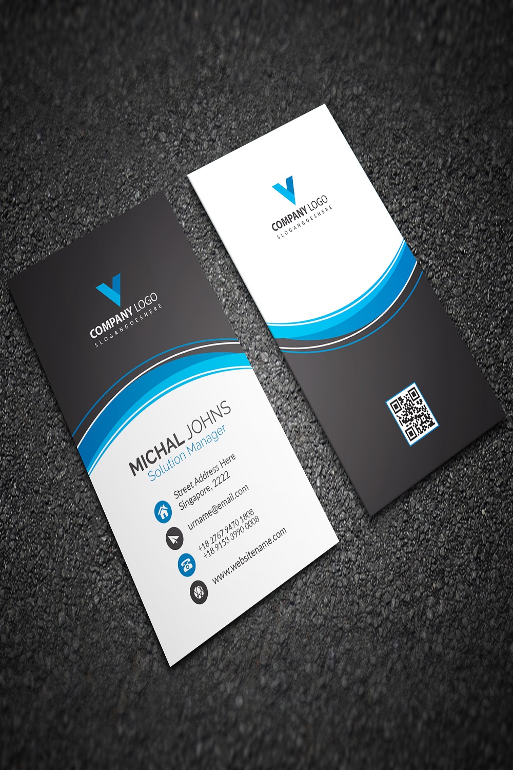 Modern blue business card with abstract shapes pinterest preview image.