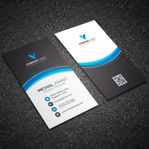 Modern blue business card with abstract shapes cover image.