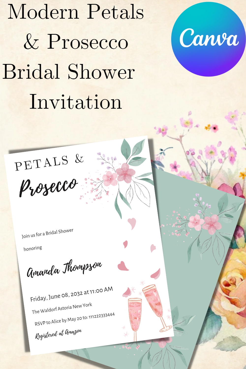 Modern Petals and Prosecco Floral Bridal Shower Invitation template pinterest preview image.