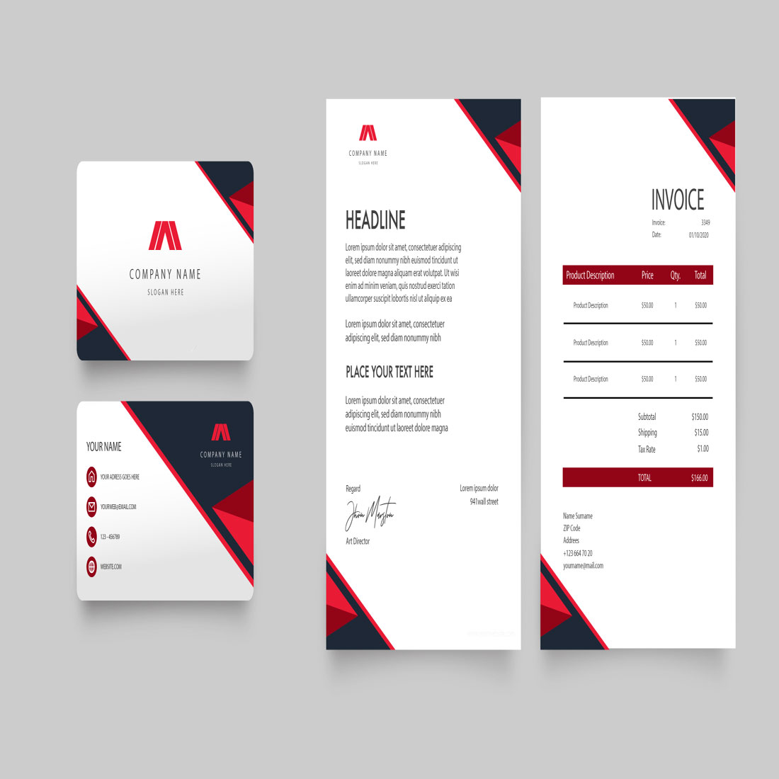 modern stationery pack with business card letterhead invoice template preview image.