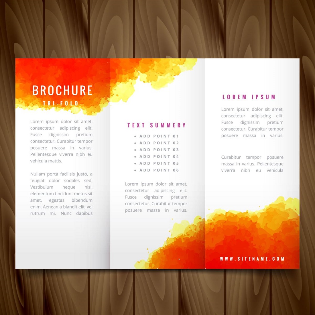 Modern water color trifold brochure design illustration preview image.