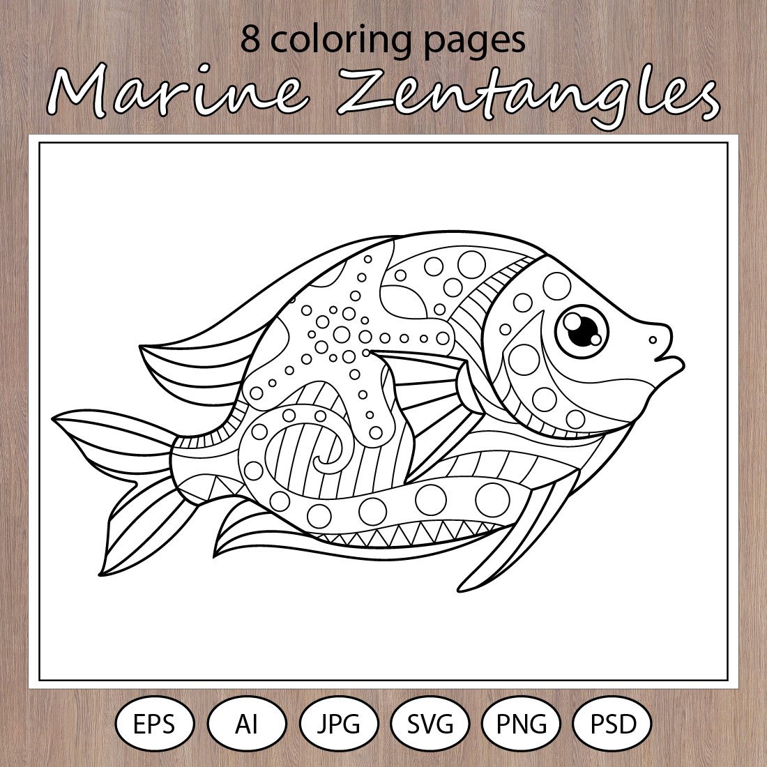 Marine Zentangles 8 coloring pages cover image.