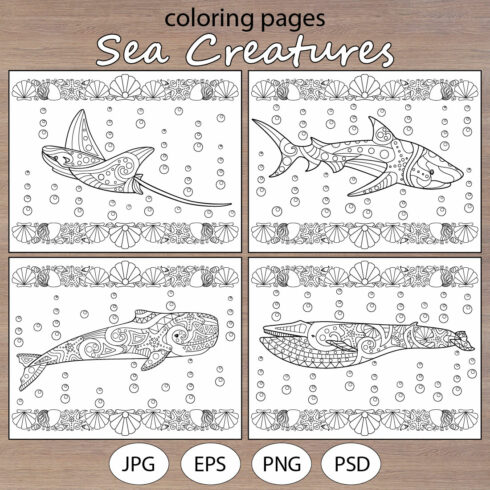 Sea Animals - 5 antistress coloring pages cover image.