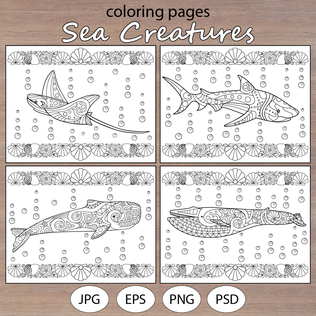 Sea Animals - 5 antistress coloring pages cover image.