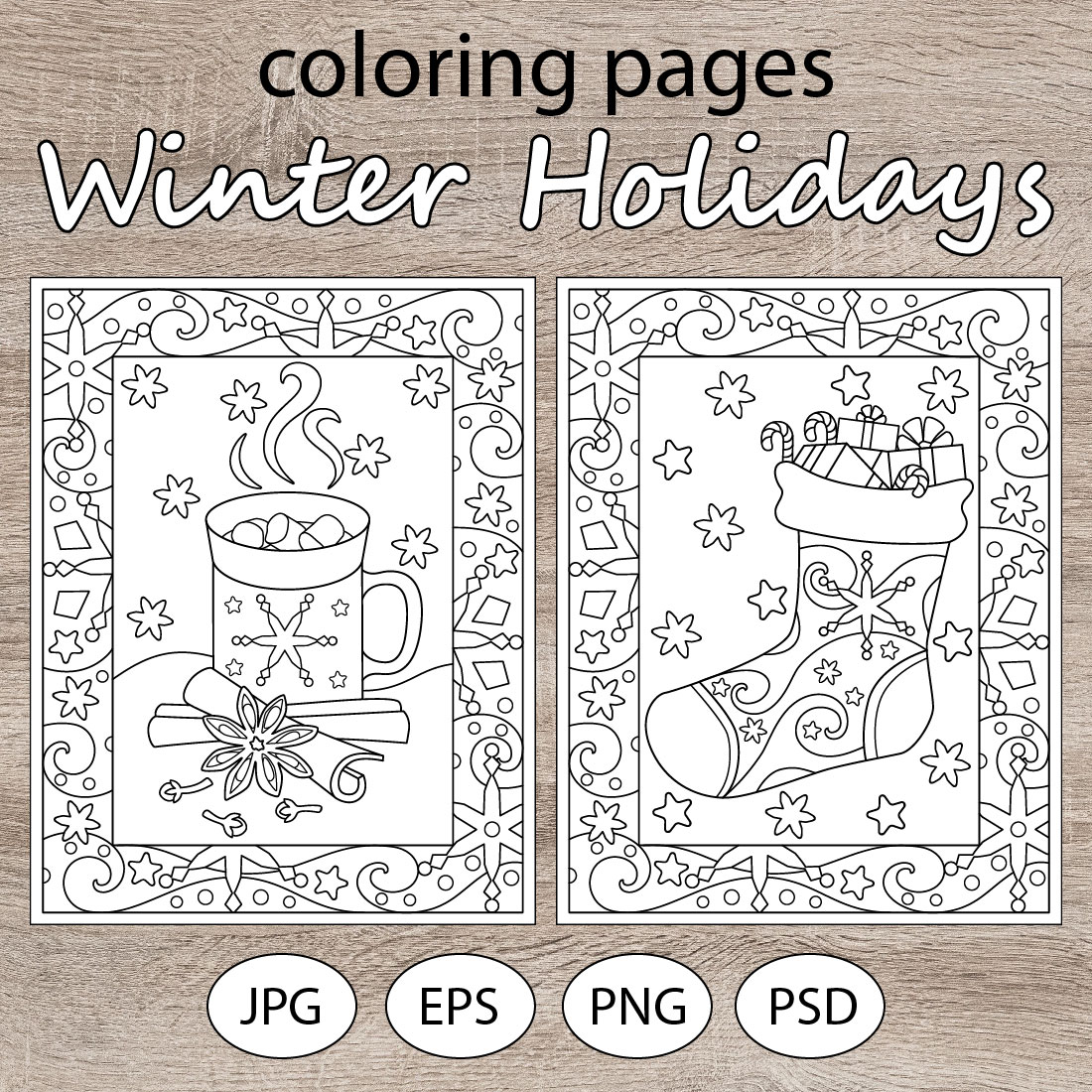 Winter Holidays - 5 coloring pages cover image.