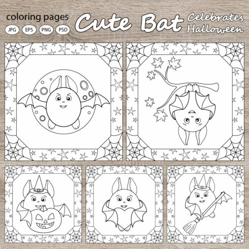 Cute Bat Celebrates Halloween - 5 Coloring Pages cover image.