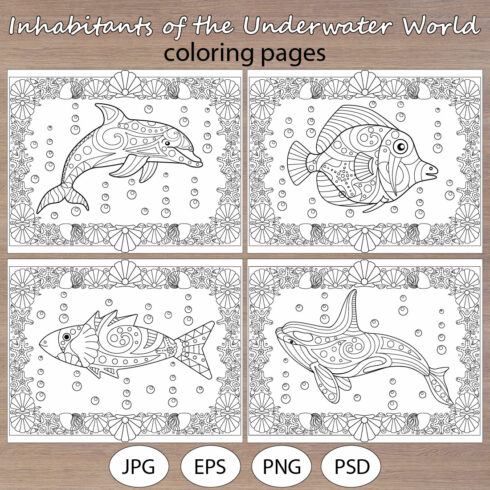 Inhabitants of the Underwater World - 5 coloring pages cover image.