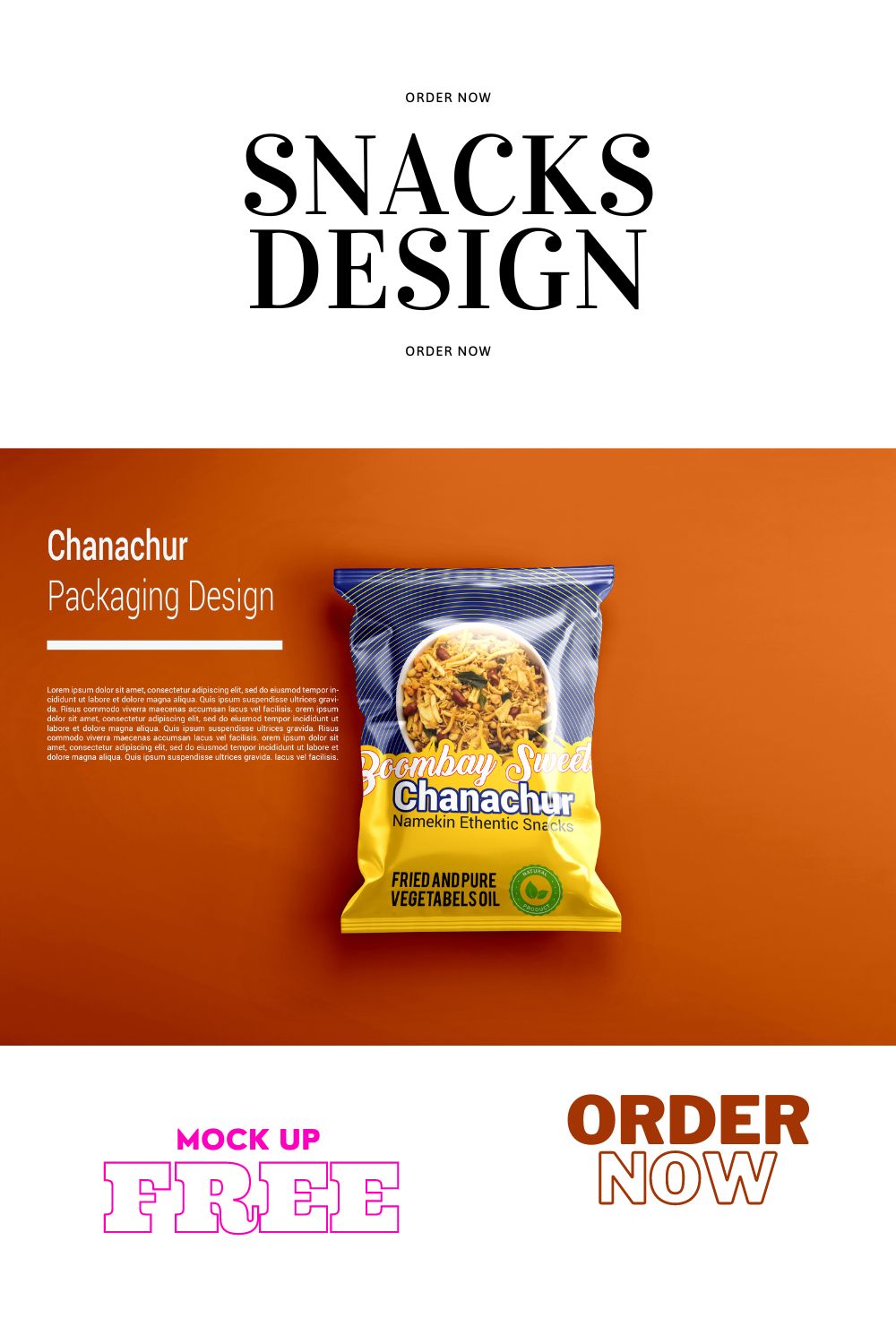 Snacks Packaging Design with free Mockup pinterest preview image.