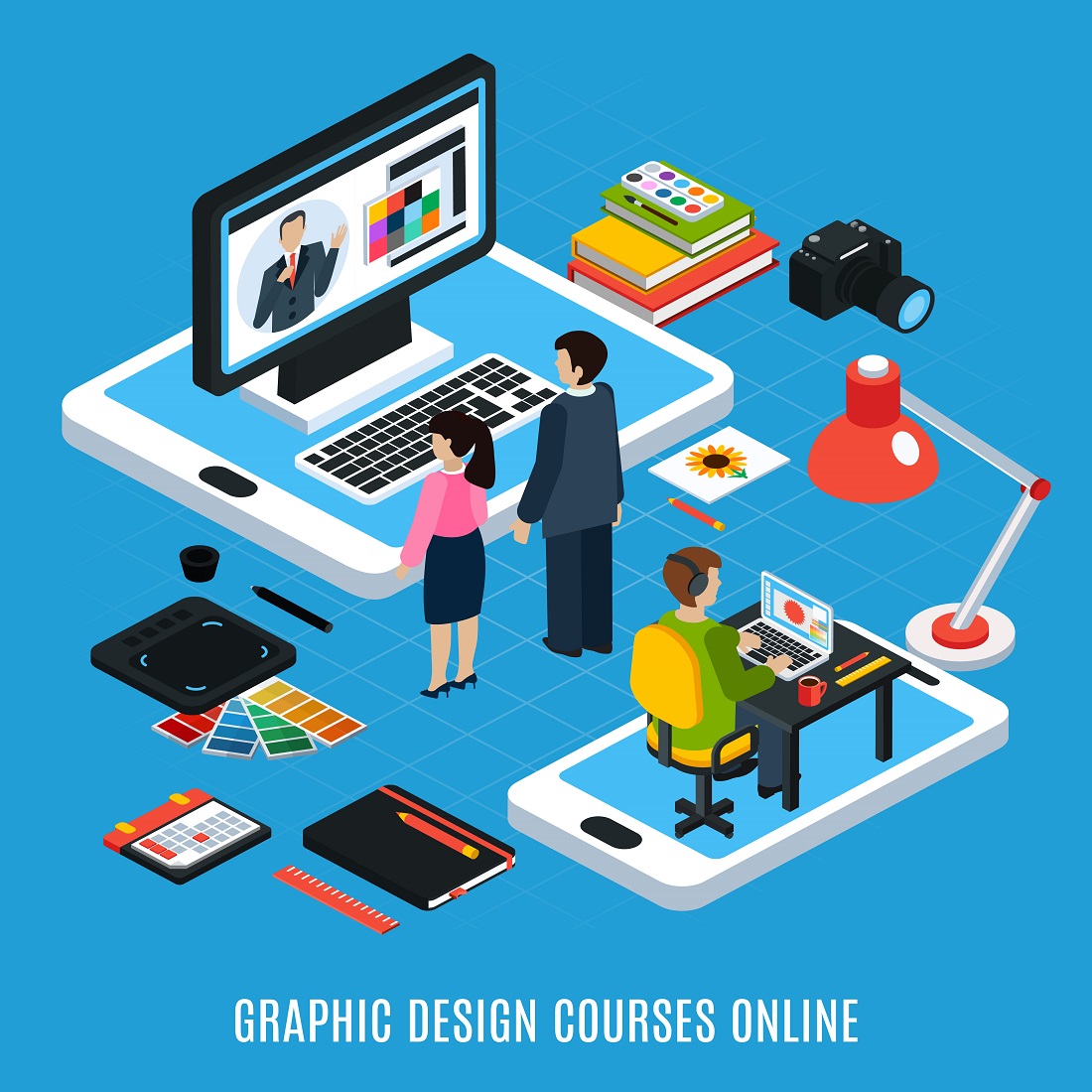 Online graphic design courses isometric concept with students computer tablet swatches cover image.