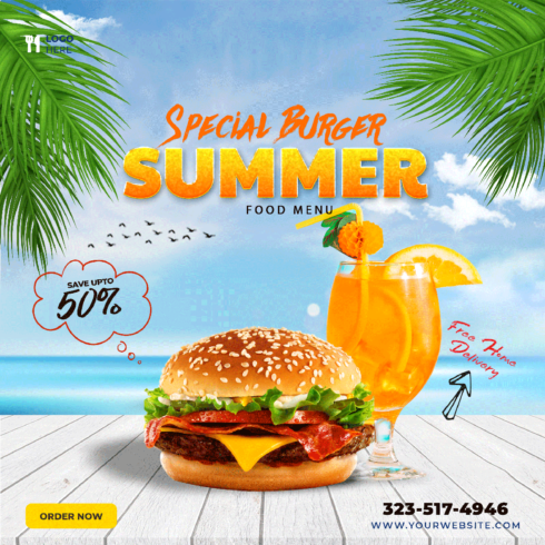 Fast Food Summer Social Media Poster Instagram and Facebook template cover image.