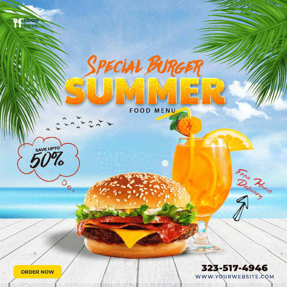 Fast Food Summer Social Media Poster Instagram and Facebook template preview image.