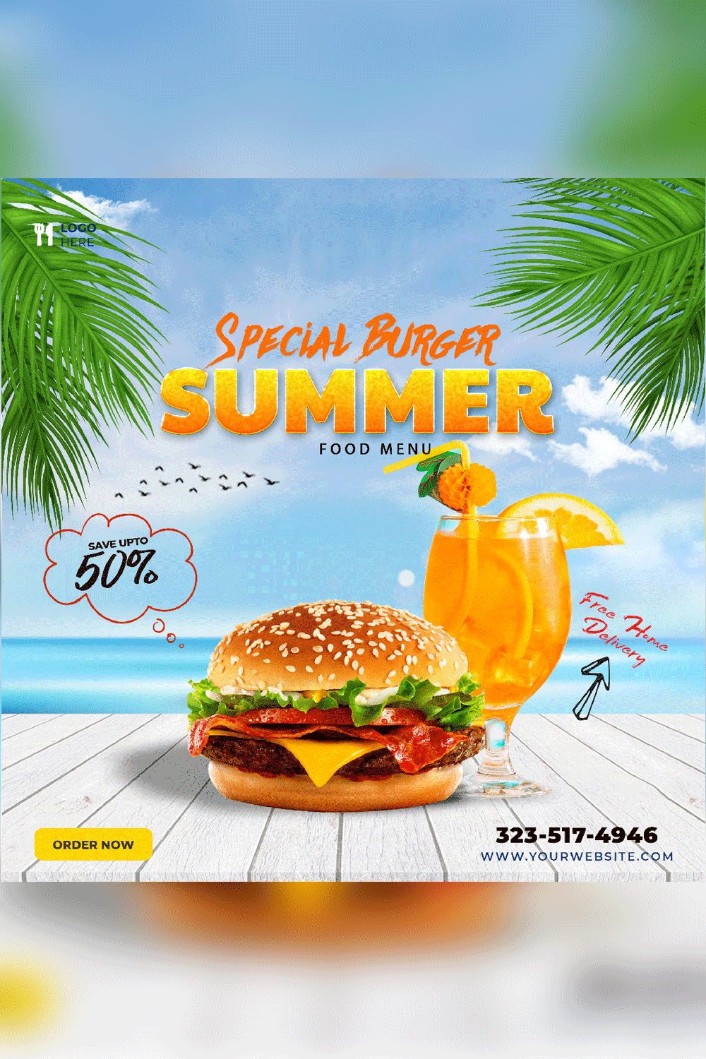 Fast Food Summer Social Media Poster Instagram and Facebook template pinterest preview image.