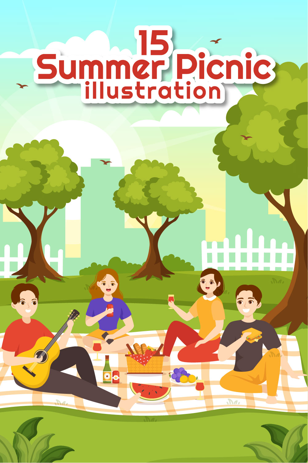 15 Summer Holiday Picnic Illustration pinterest preview image.