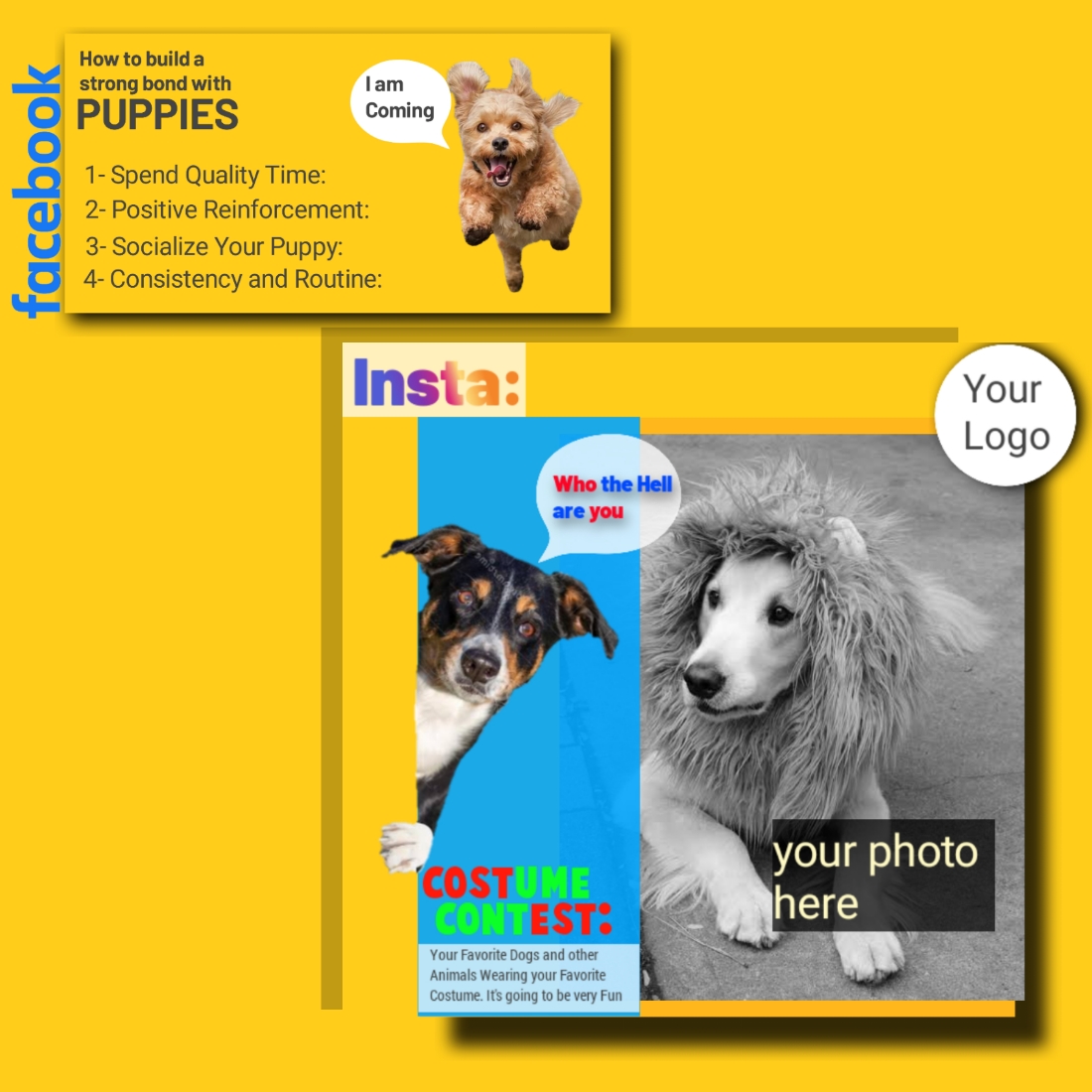 Cute puppies Posts Templates for Instagram and Facebook preview image.