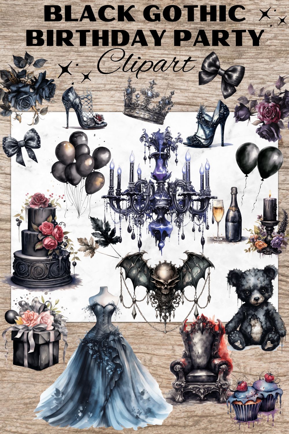 28 Gothic Birthday Party PNG, Black Gothic Elements, Watercolor Clipart, Transparent PNG, Digital Paper Craft, Watercolor Clipart for Scrapbook, Invitation, Wall Art, T-Shirt Design pinterest preview image.