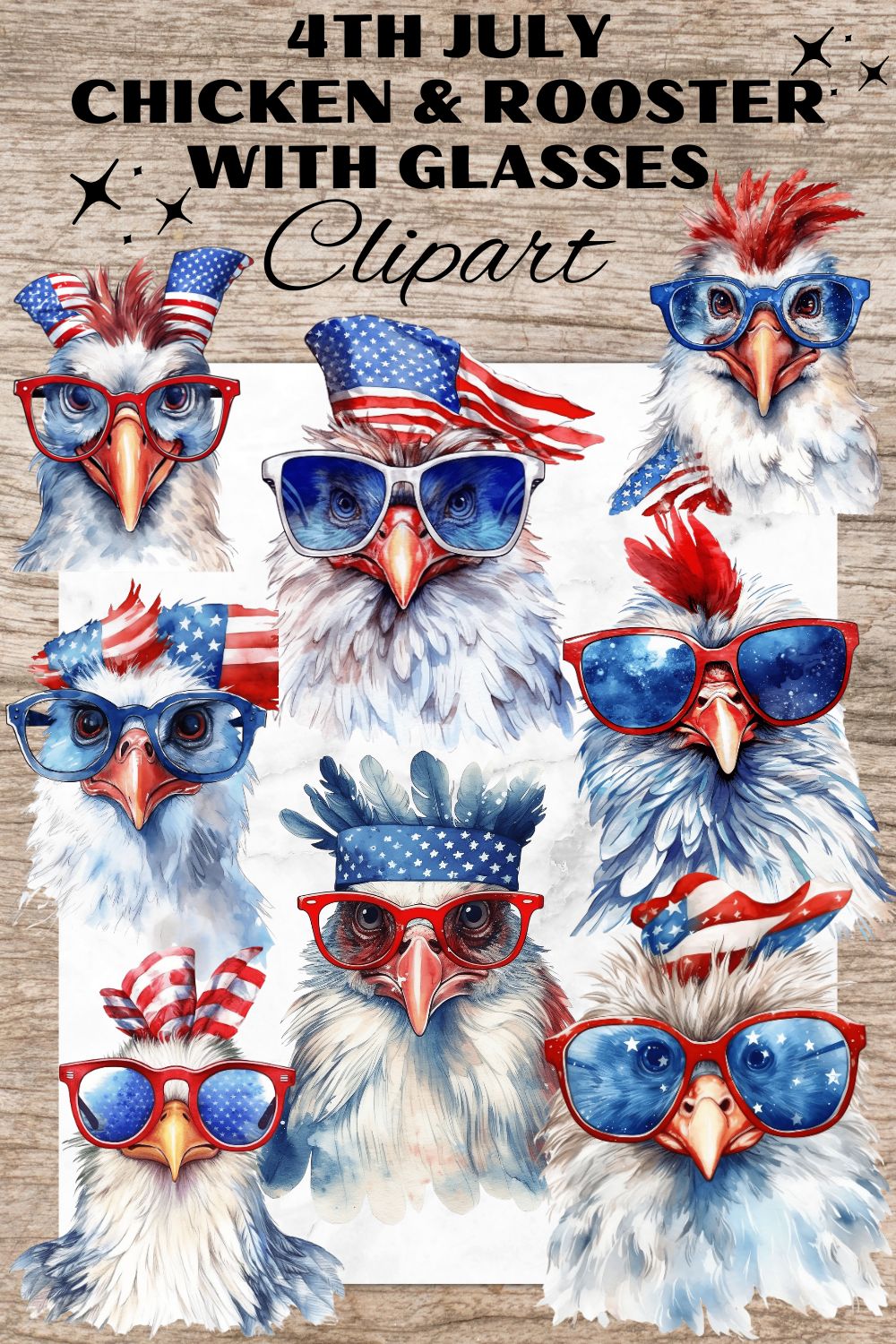 12 American 4th of July Chicken PNG, Watercolor Clipart, Chicken & Rooster with glasses, Transparent PNG, Digital Paper Craft, Illustrations, Watercolor Clipart for Scrapbook, Invitation, Wall Art, T-Shirt Design pinterest preview image.