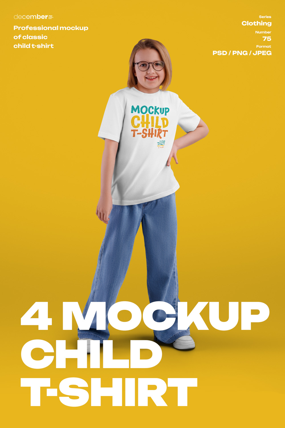 4 Mockups of a Children's T-shirt on a Girl with Glasses pinterest preview image.