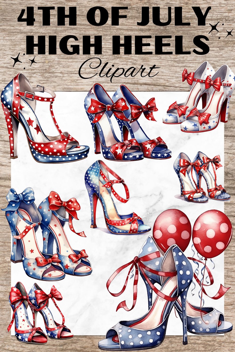 9 American 4th of July High Heels PNG, Watercolor Clipart, American High Heels, Transparent PNG, Digital Paper Craft, Illustrations, Watercolor Clipart for Scrapbook, Invitation, Wall Art, T-Shirt Design pinterest preview image.
