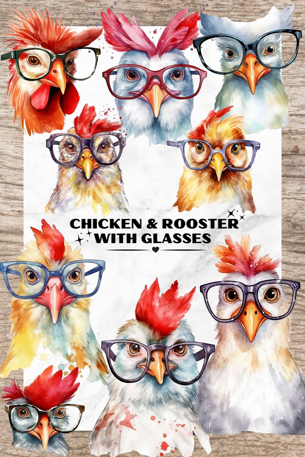 Chicken & Rooster with Glasses Bundle, Watercolor Clipart PNG, Chicken Cliparts, Rooster Clipart, funny Animal Designs, Animals with Glasses, Transparent PNG, Digital Paper Craft, Scrapbooking, Invitation, Wall Art, T-Shirt Design pinterest preview image.