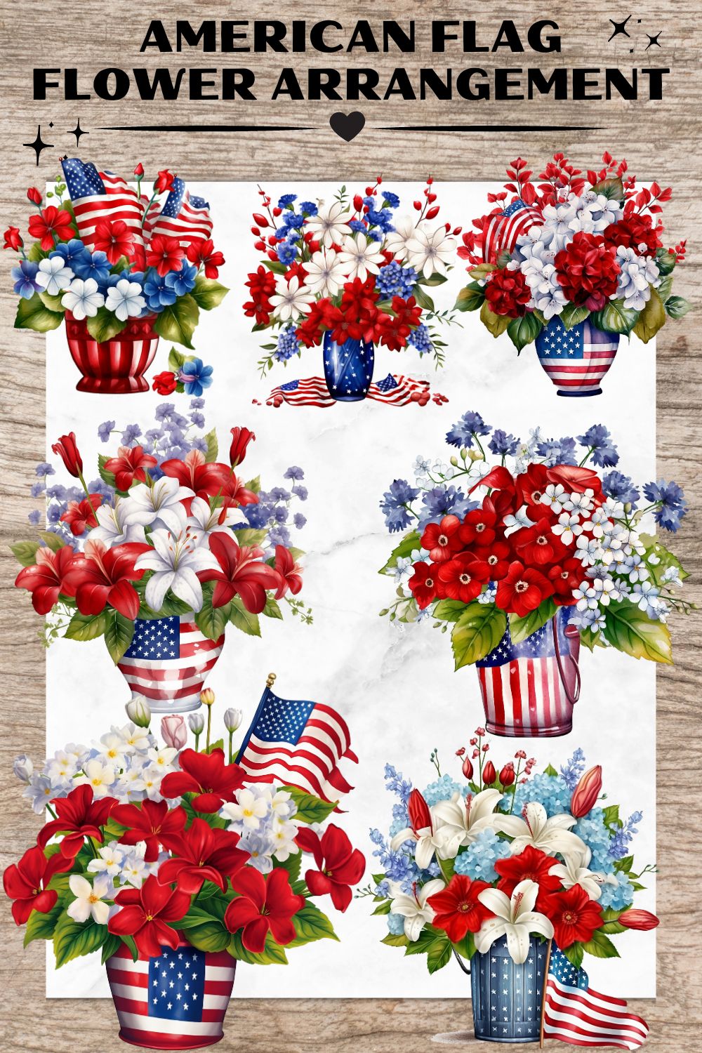 8 American Flag 4th July Flower Arrangement PNG, Watercolor Clipart, 4th of July Flowers, Transparent PNG, Digital Paper Craft, Watercolor Clipart for Scrapbook, Invitation, Wall Art, T-Shirt Design pinterest preview image.