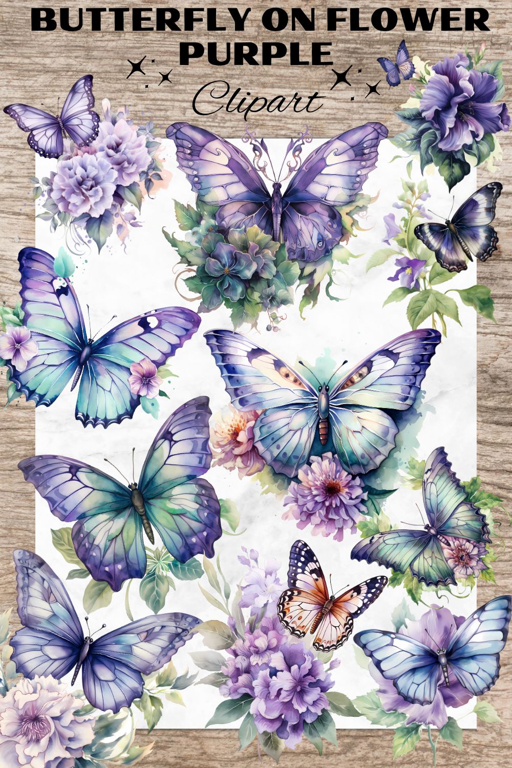 16 Butterfly On Flower PNG, Purple Colours, Butterfly Watercolor Clipart, Transparent PNG, Digital Paper Craft, Watercolor Clipart for Scrapbook, Invitation, Wall Art, T-Shirt Design pinterest preview image.