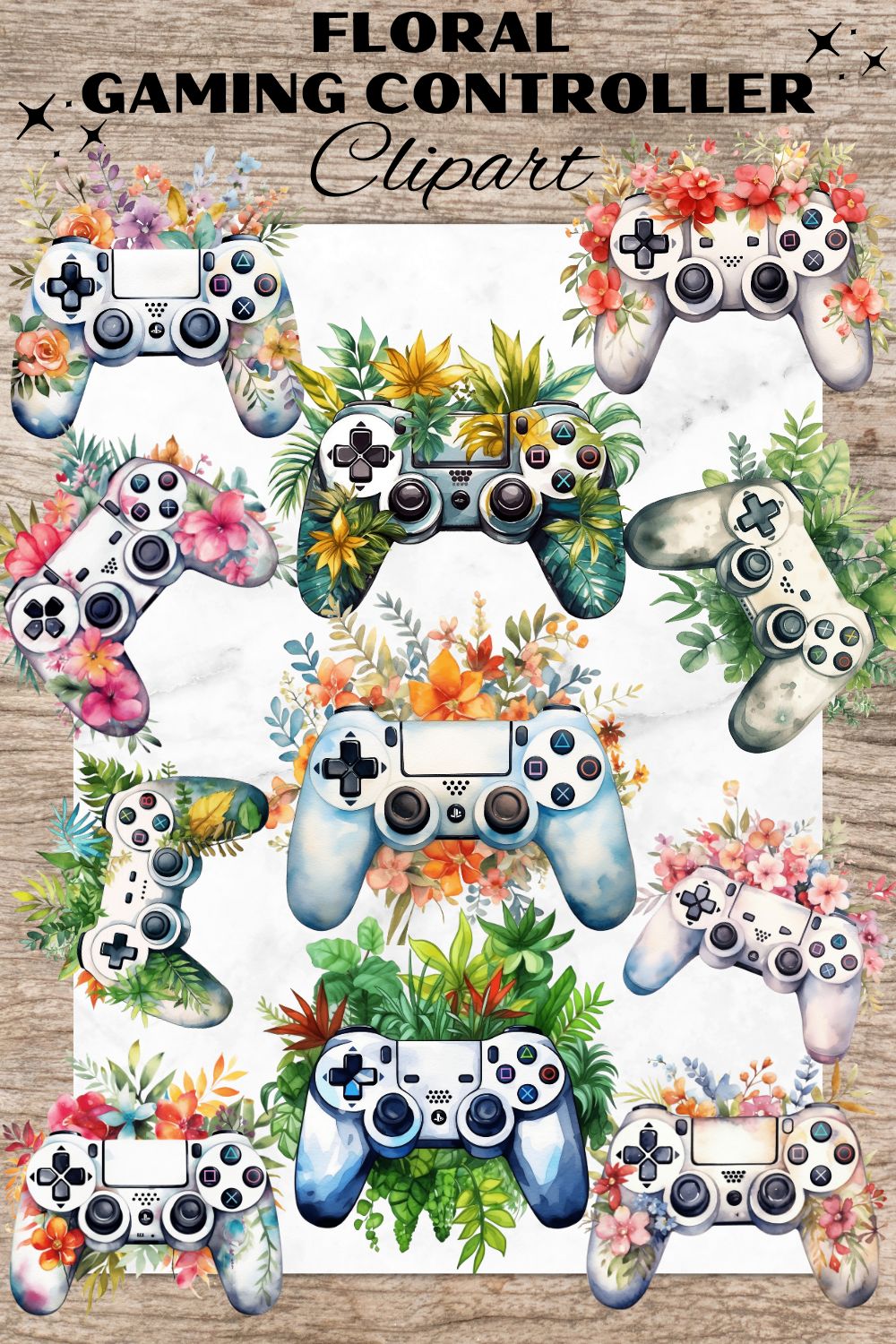 16 Floral Gaming Controller PNG, Gaming Watercolor Clipart, Transparent PNG, Digital Paper Craft, Watercolor Clipart for Scrapbook, Invitation, Wall Art, T-Shirt Design pinterest preview image.