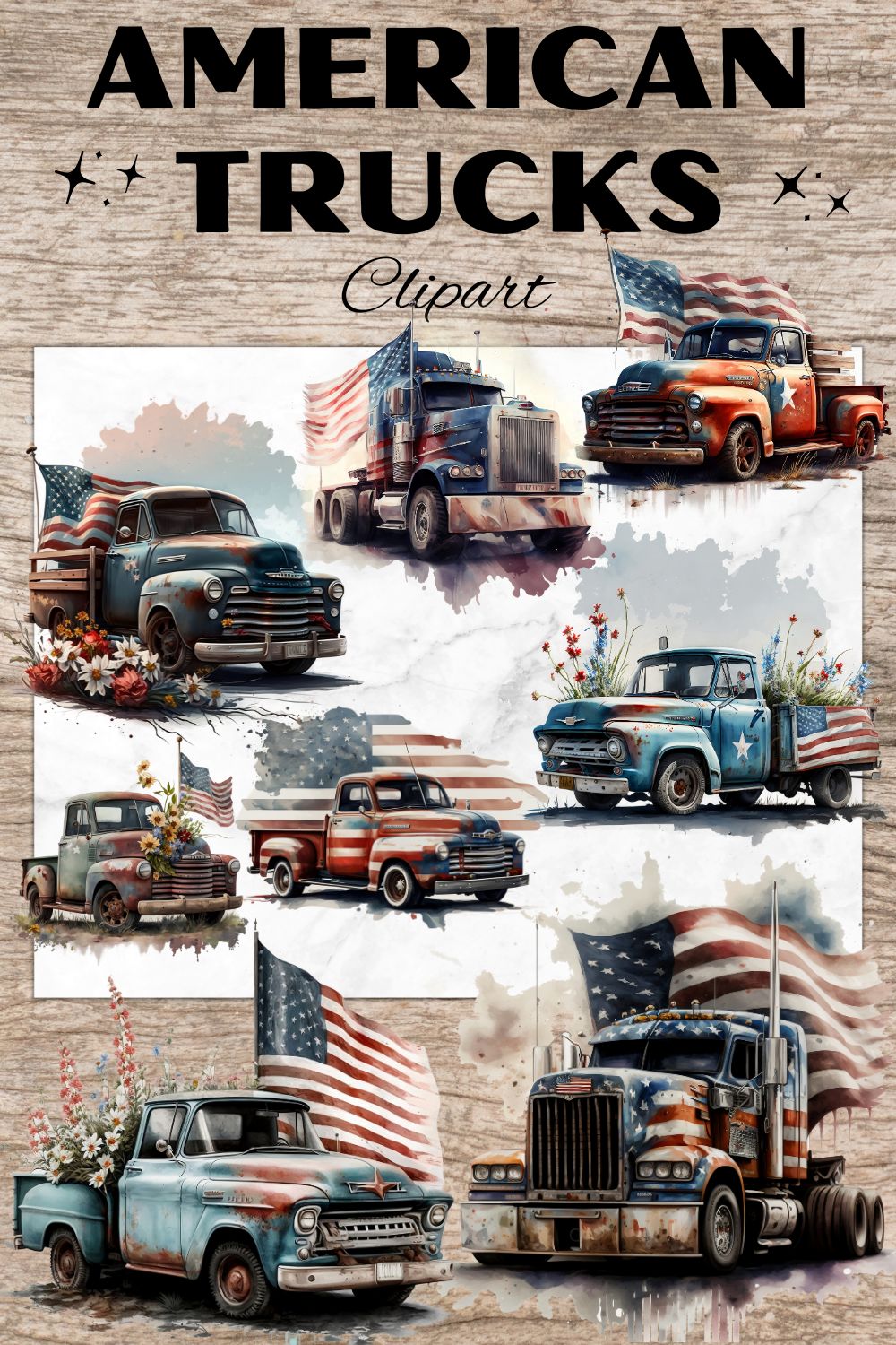 11 American 4th of July Truck PNG, American Trucks Watercolor Clipart, Transparent PNG, Digital Paper Craft, Watercolor Clipart for Scrapbook, Invitation, Wall Art, T-Shirt Design pinterest preview image.