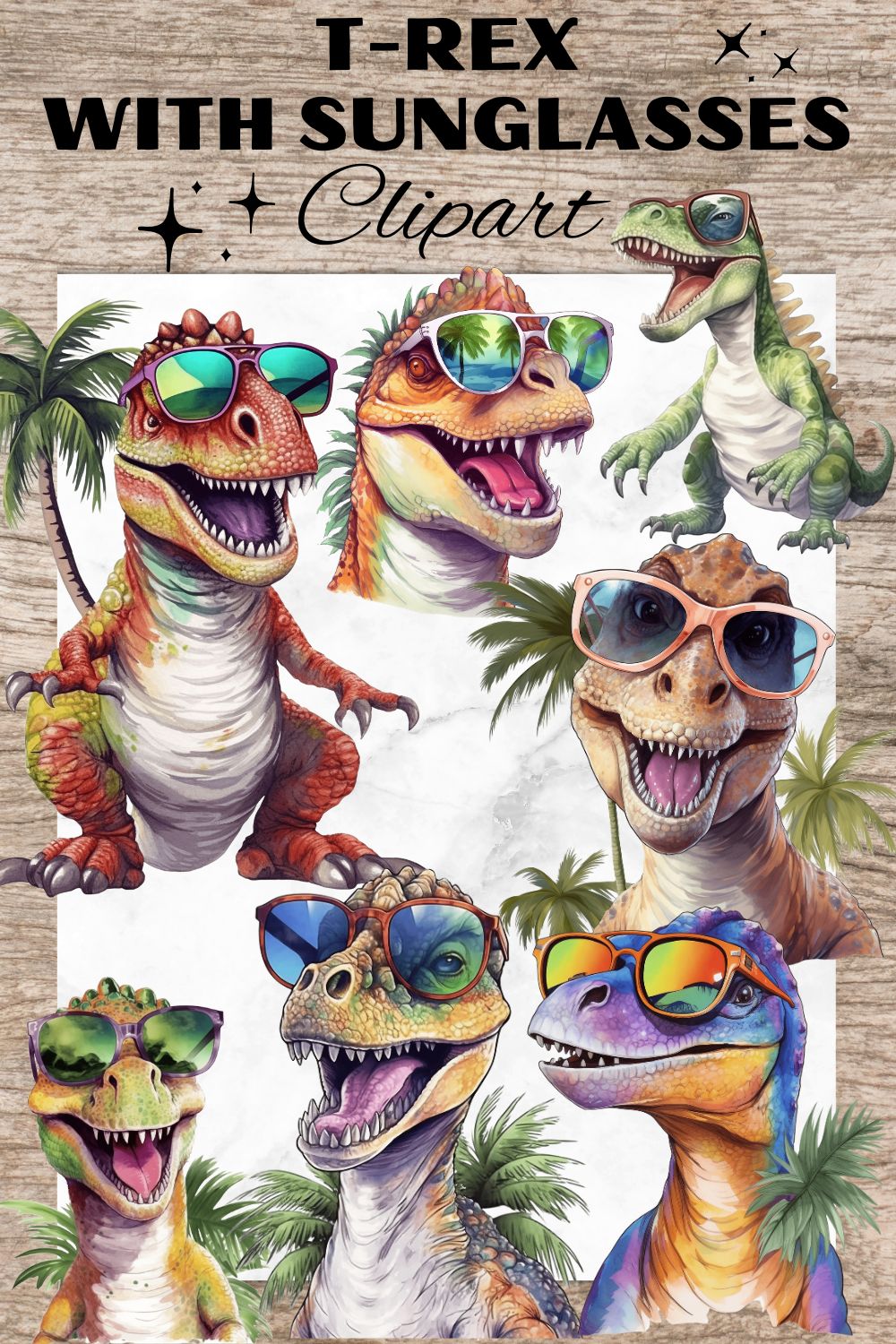 9 T-Rex with Sunglasses PNG, Watercolor Clipart, Dinosaur with Glasses, Transparent PNG, Digital Paper Craft, Watercolor Clipart for Scrapbook, Invitation, Wall Art, T-Shirt Design pinterest preview image.