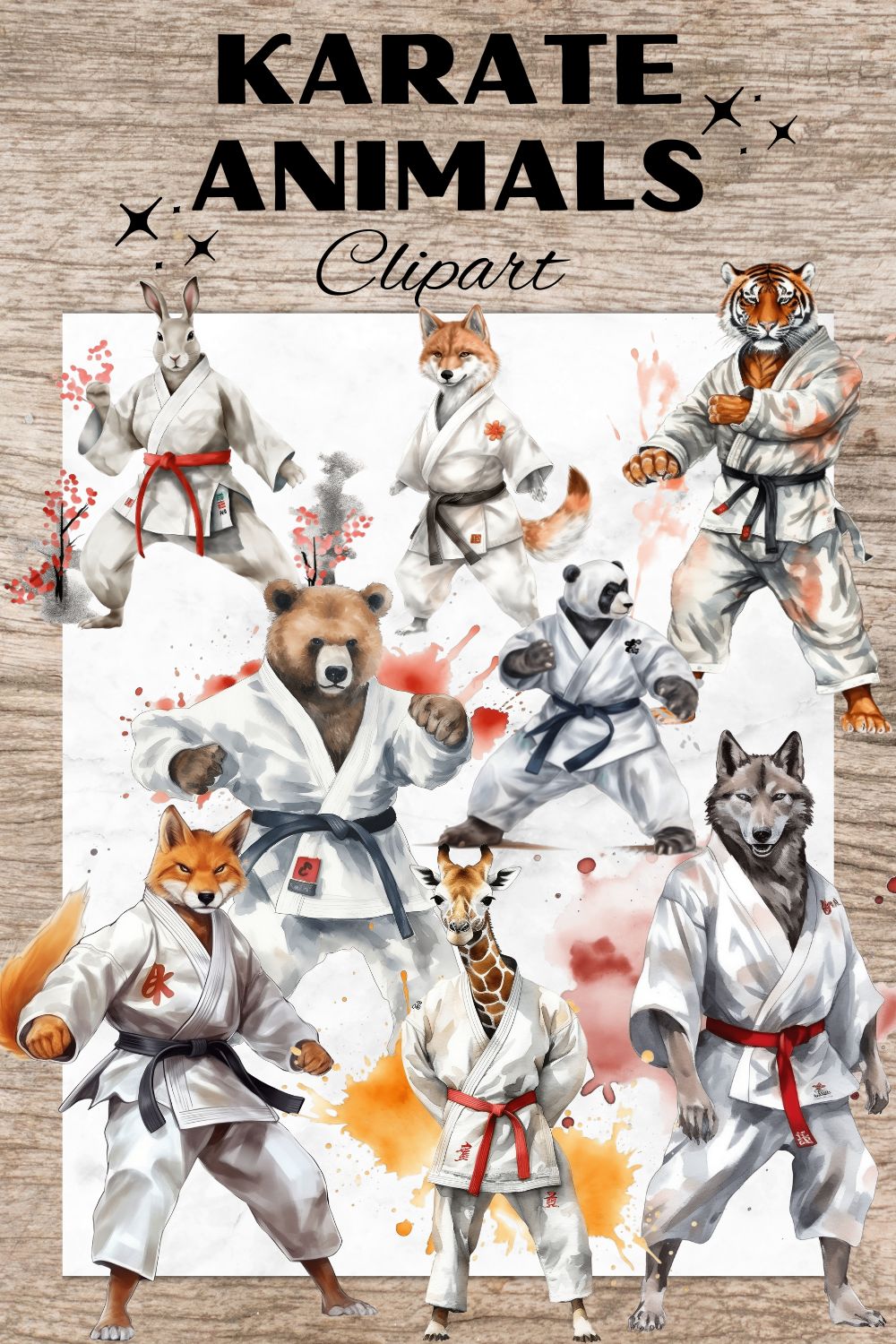 14 Karate Animal PNG, Animals Watercolor Clipart, Animals in Karate Suit, Transparent PNG, Digital Paper Craft, Watercolor Clipart for Scrapbook, Invitation, Wall Art, T-Shirt Design pinterest preview image.