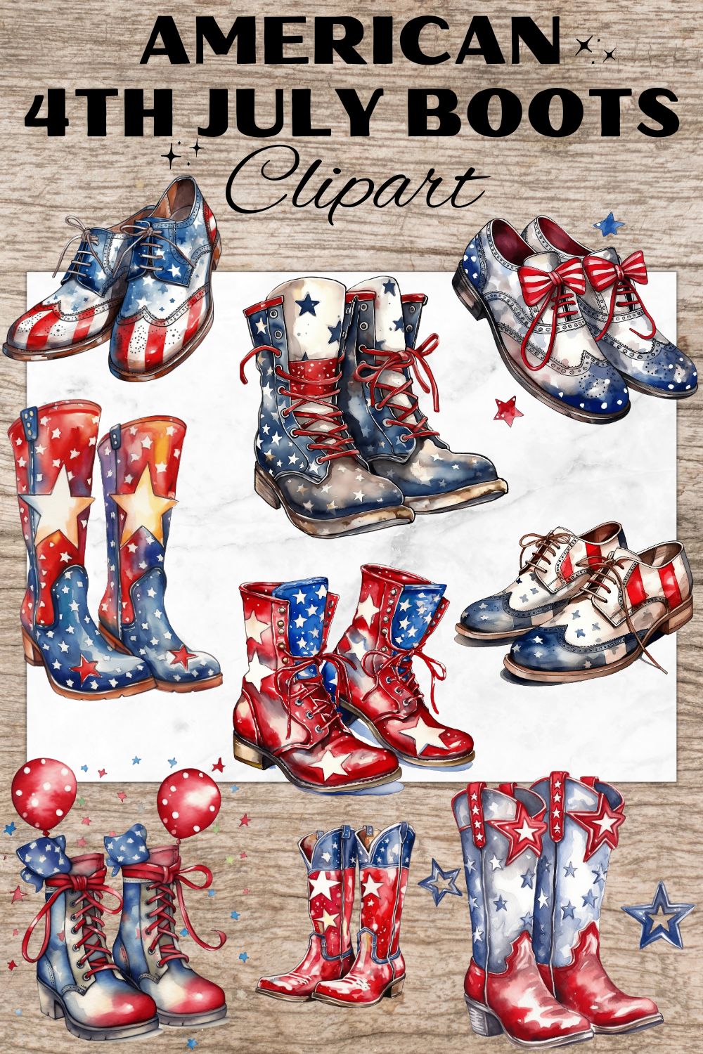 12 American Boots PNG, Watercolor Clipart, 4th of July, American Shoes, Transparent PNG, Digital Paper Craft, Illustrations, Watercolor Clipart For Scrapbook, Invitation, Wall Art, T-Shirt Design pinterest preview image.