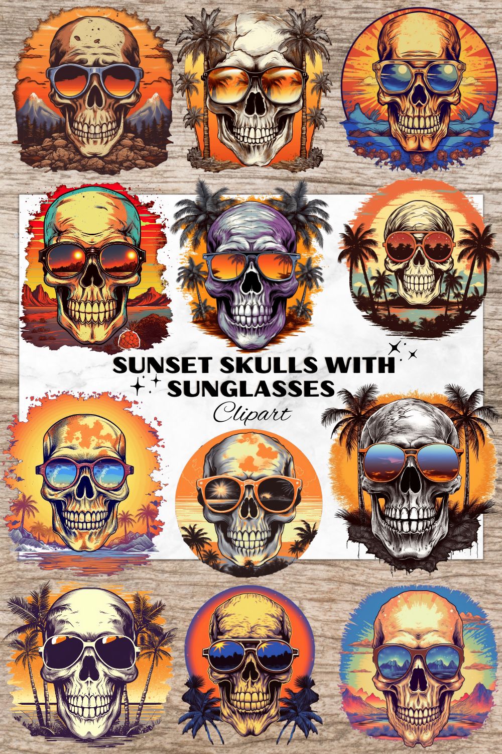 16 Sunset Skull PNG, Skull Watercolor Clipart, Skulls with sunglasses, Transparent PNG, Digital Paper Craft, Watercolor Clipart for Scrapbook, Invitation, Wall Art, T-Shirt Design pinterest preview image.