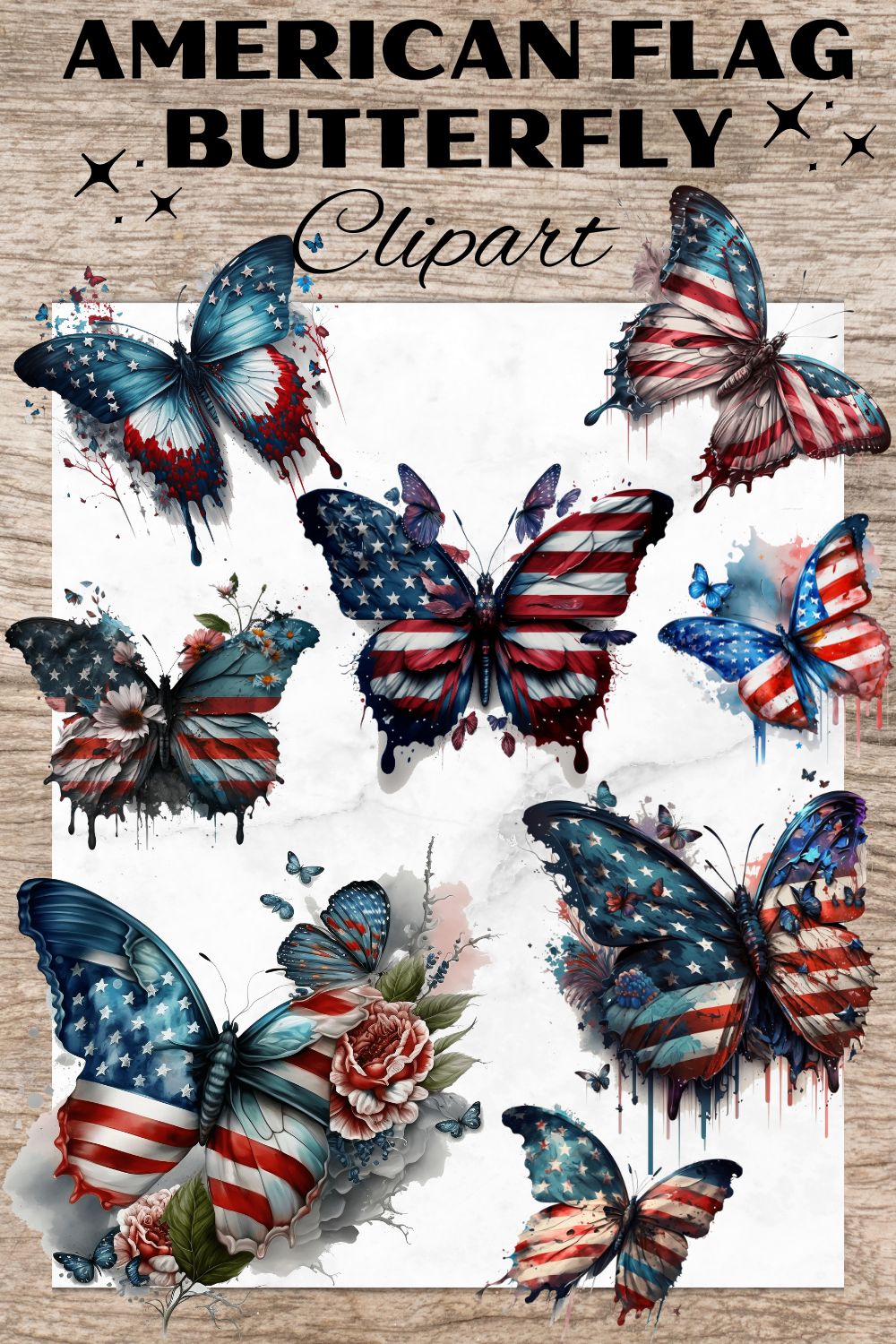 10 American Flag 4th of July Butterfly PNG, American Flag Butterfly, 4th of July Watercolor Clipart, Transparent PNG, Digital Paper Craft, Watercolor Clipart for Scrapbook, Invitation, Wall Art, T-Shirt Design pinterest preview image.