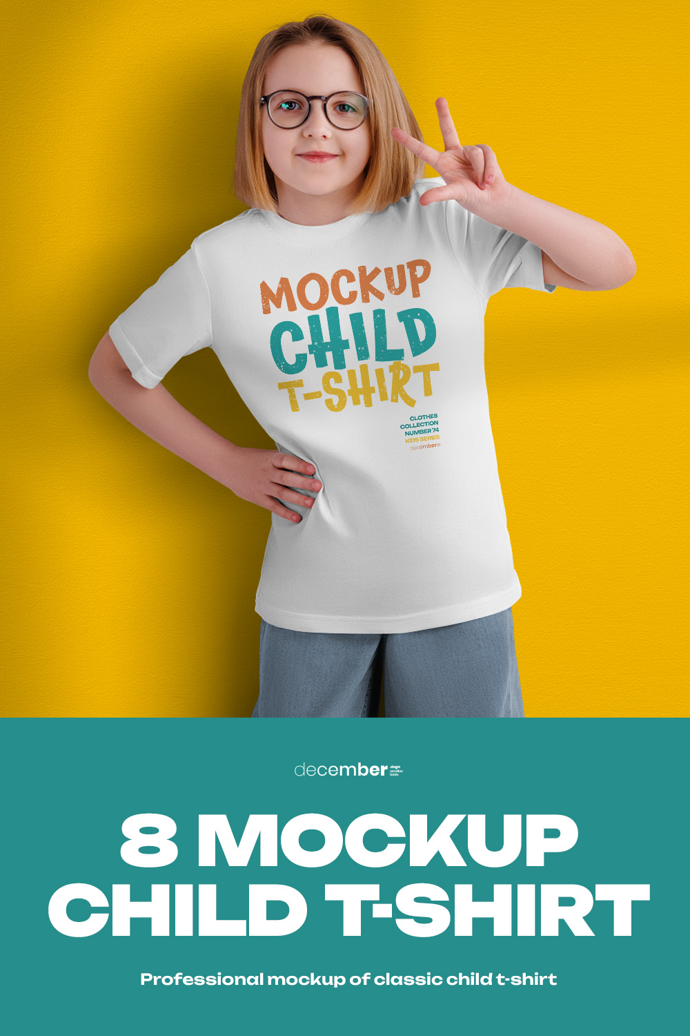 8 Mockups of a Children's T-shirt on a Girl with Glasses pinterest preview image.