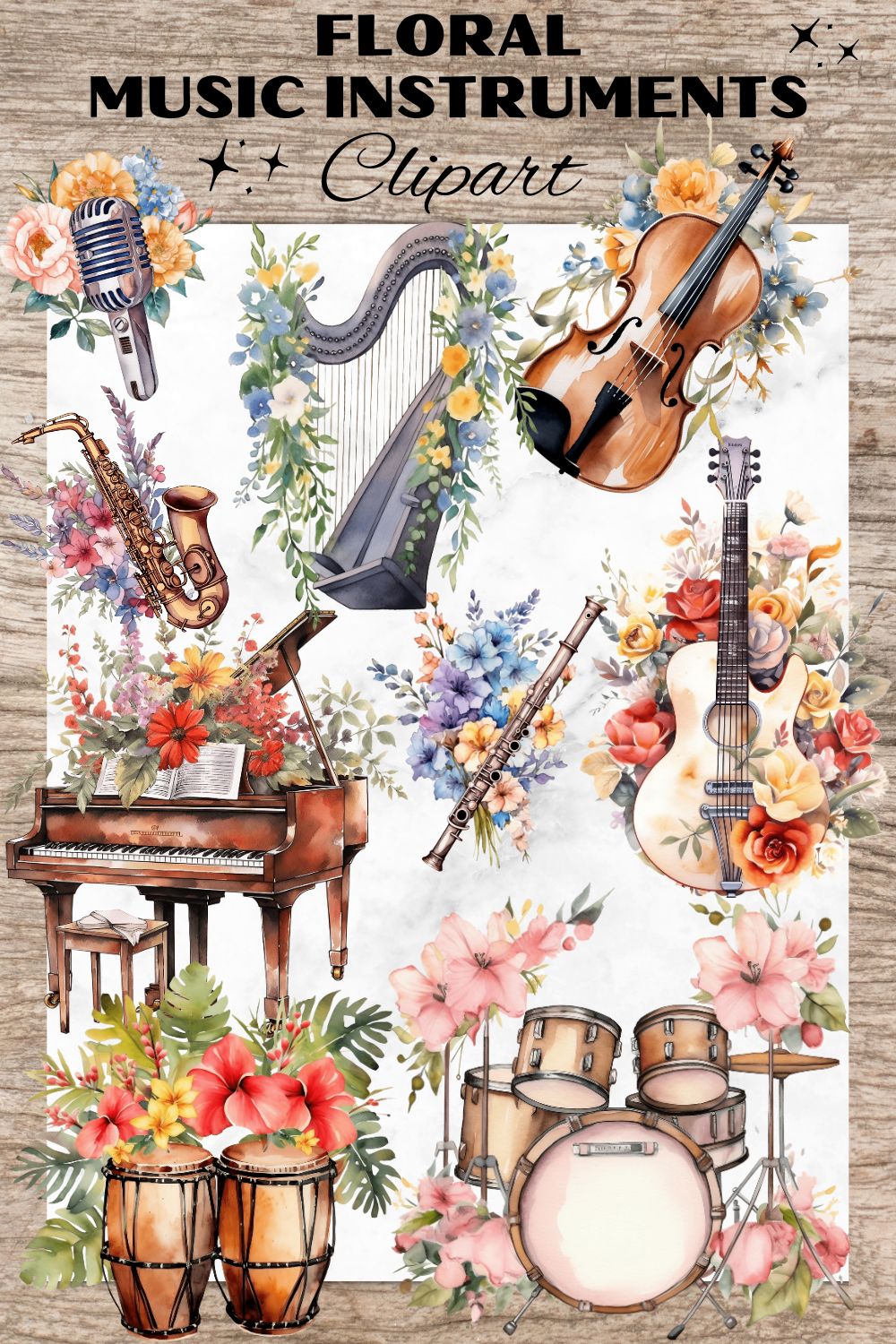 18 Floral Music Instruments PNG, Guitar & Piano with Flowers, Watercolor Clipart, Transparent PNG, Digital Paper Craft, Watercolor Clipart for Scrapbook, Invitation, Wall Art, T-Shirt Design pinterest preview image.