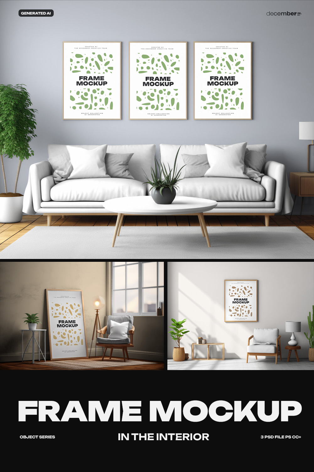 3 Mockups of Frames in the Interior AI Generated pinterest preview image.