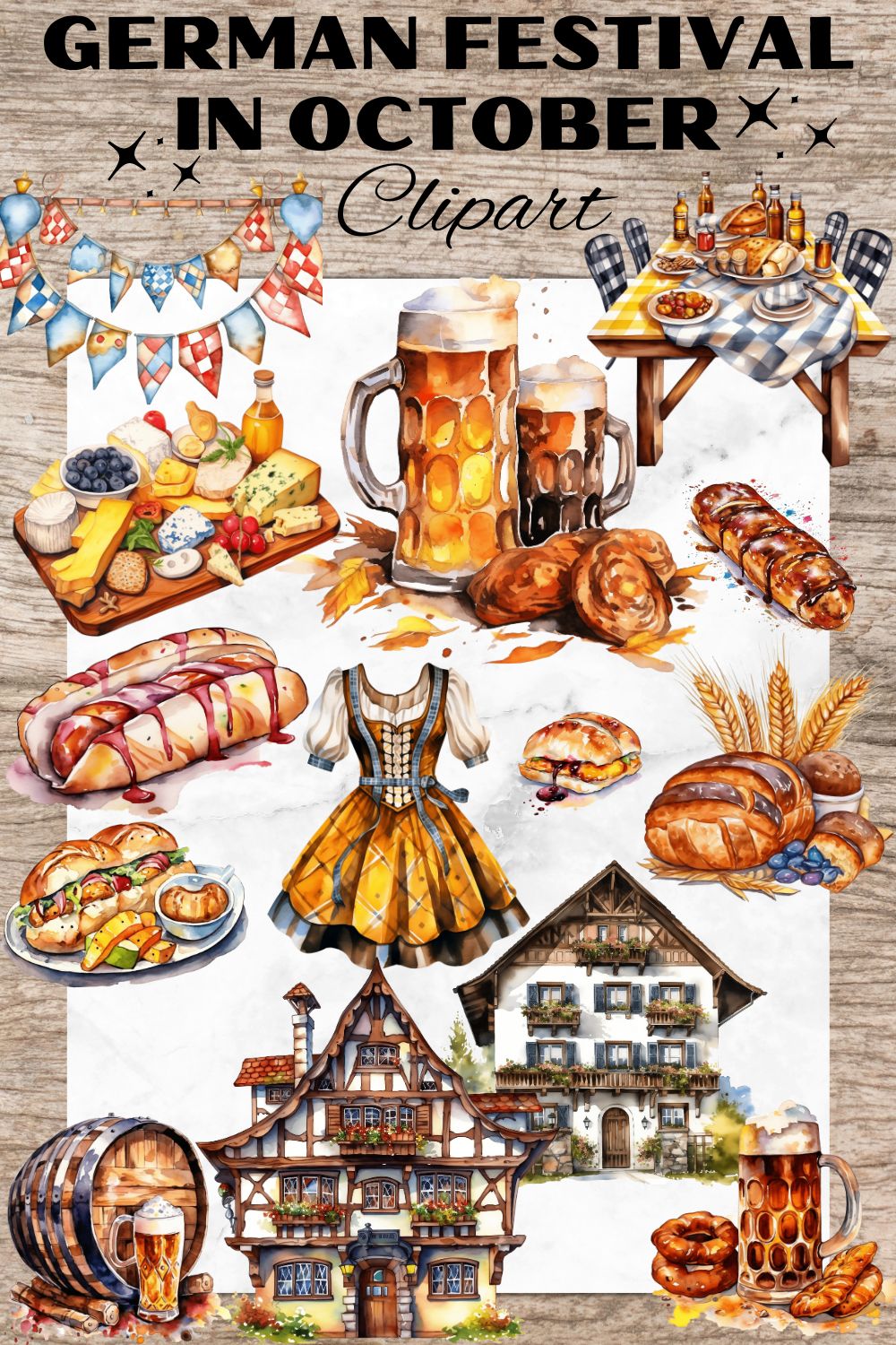 22 German Autumn Festival PNG, Party in October, Beer Watercolor Clipart, Transparent PNG, Digital Paper Craft, Watercolor Clipart for Scrapbook, Invitation, Wall Art, T-Shirt Design pinterest preview image.