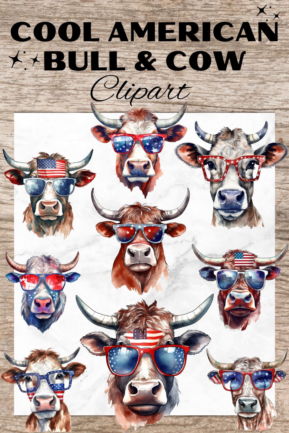9 American Bull & Cow PNG, 4th of July Watercolor Clipart, Cow with Glasses, Transparent PNG, Digital Paper Craft, Illustrations, Watercolor Clipart for Scrapbook, Invitation, Wall Art, T-Shirt Design pinterest preview image.