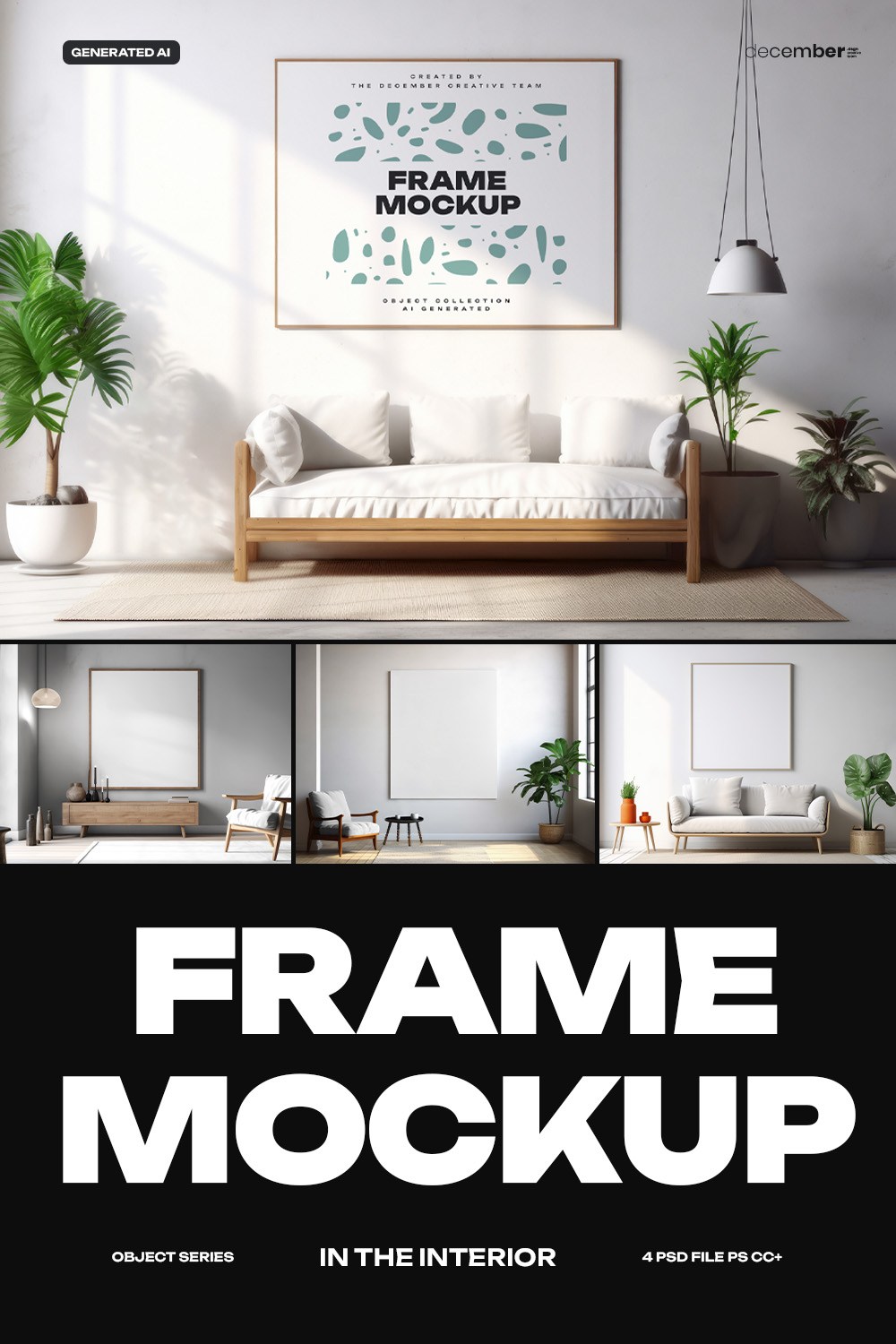 4 Mockups of Frames in the Interior AI Generated pinterest preview image.