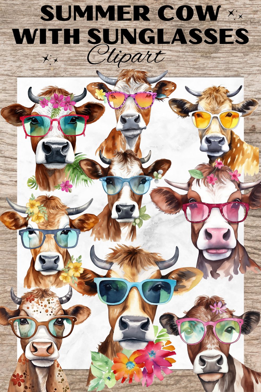 14 Summer Cow With Sunglasses PNG, Cow with glasses, Watercolor Clipart, Transparent PNG, Digital Paper Craft, Watercolor Clipart for Scrapbook, Invitation, Wall Art, T-Shirt Design pinterest preview image.